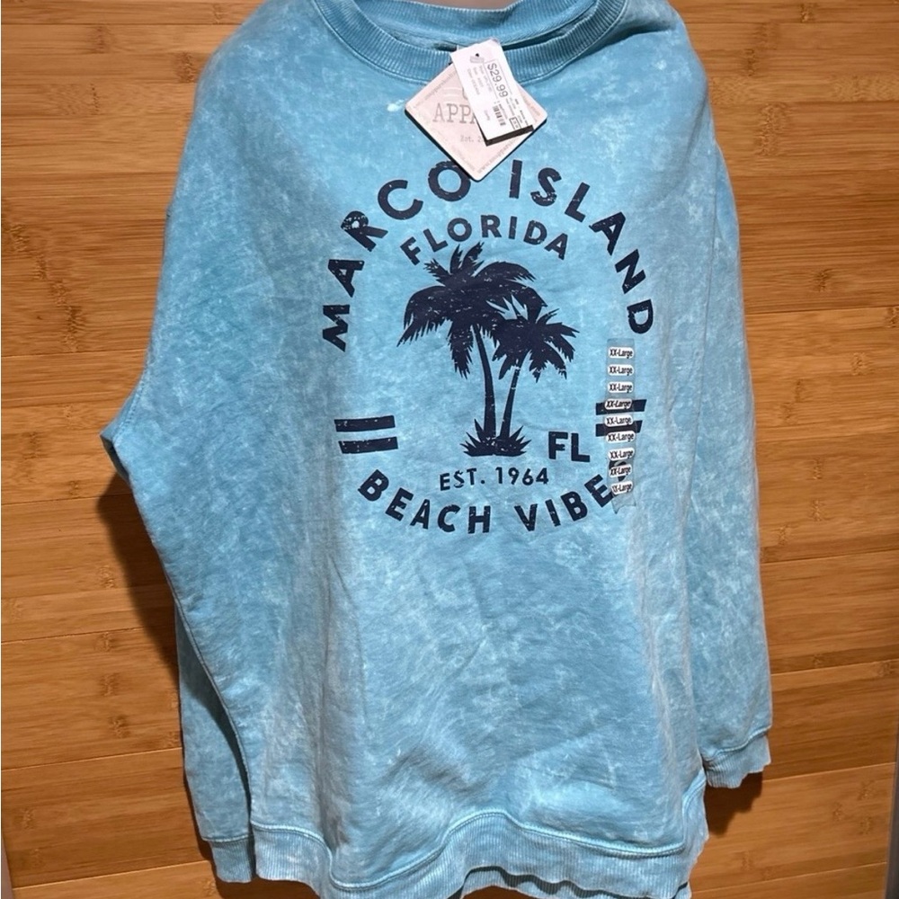 Marco Island Florida Beach Vibes Sweatshirt XXL Blue Mineral Wash Oversized NWT